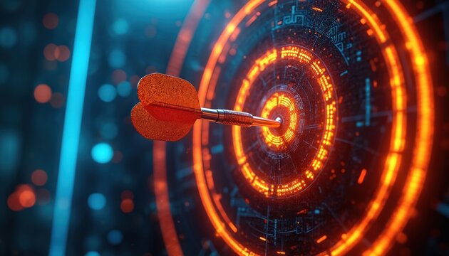 Digital dart hits center of glowing futuristic target. Neon lines and circuits glow orange on dark background. Represents strategy, success and precise aim.