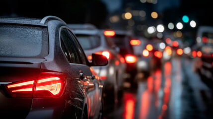 Traffic jam at night with cars lined up and brake lights glowing in rain, nocturnal congestion in precipitation, wet weather gridlock, rainy evening vehicular standstill, with copy space
