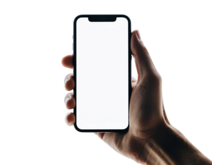 A hand holding a modern smartphone with a blank white screen,  isolated on transparent background, png