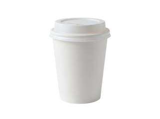 A plain white disposable coffee cup with a lid, isolated on transparent background, png, ready for hot beverages.