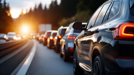 Traffic jam on highway with cars stuck in it, vehicular congestion, road gridlock, rush hour standstill, transportation delay, multiple vehicles queued, highway backup, with copy space