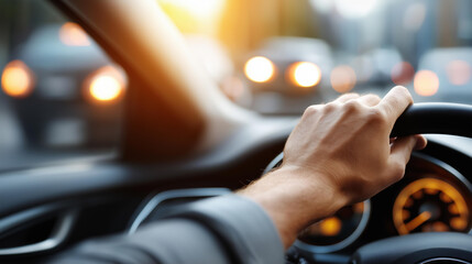 Faceless man hand on steering wheel inside of car at traffic jam, driver in gridlock, vehicle control during congestion, commuter waiting, defocused hand gripping, with copy space