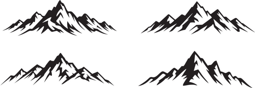 Mountain peaks silhouette vector set. Four unique stylized graphic designs for adventure, logo, wild nature and outdoor branding. Logo design, t-shirts, emblems isolated on a white background.