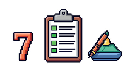Retro pixel art number 7 with checklist and pencils on white background