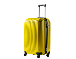 Bright yellow hard-shell suitcase with wheels and extendable handle standing upright for travel and business trips.  isolated on transparent background, png