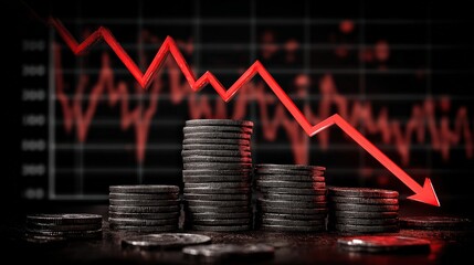 A visual representation of a declining financial trend, featuring stacked coins and a downward red arrow against a backdrop of a fluctuating graph.