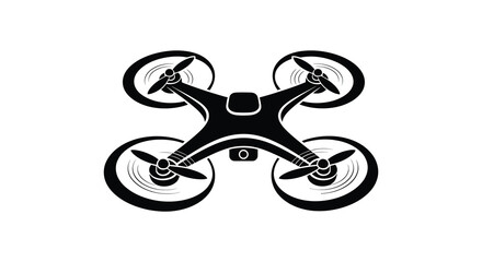 A striking black drone illustration with detailed propellers and a sleek body silhouette