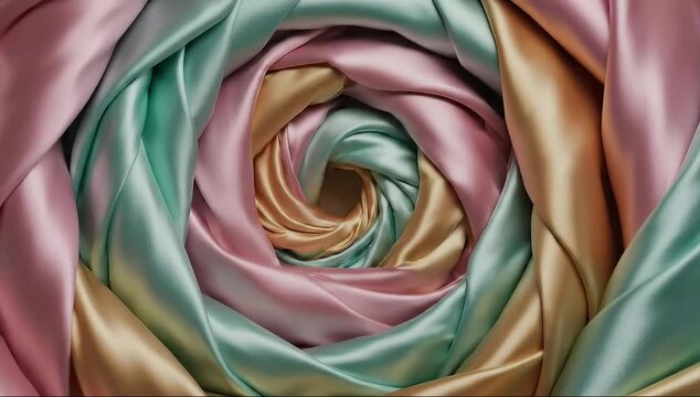 Silky spiral of pastel fabric folds in soft rainbow hues, forming a luminous circular swirl, glowing