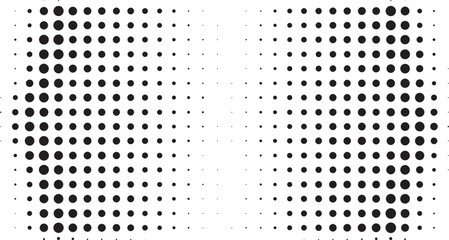 Seamless Dot Halftone Gradient Background. Black Dots Pattern Transitioning from Edges to Center. Geometric Grid Halftone Dot Pattern with Gradual Size Variation Texture.