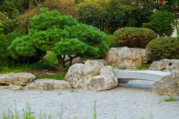 Fototapeta premium nature scene stone garden decorative trees and small rocks and concrete arch shape looks like bridge landscaped place objects city square