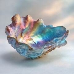 Abstract 3D Rendered Shell With Iridescent Colors And Sparkling Texture Set Against Soft Cloud Background