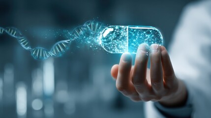 Futuristic Pharmacy Concept with Glowing Capsule and Molecular Network