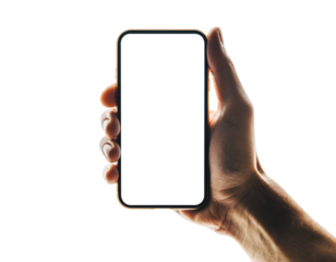 Hand holding smartphone mockup as png photo with blank screen isolated on white background. mobile phone hand mockup, studio style