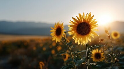 Sunset blooming sunflowers in field