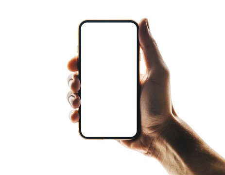 Hand holding smartphone mockup as png photo with blank screen isolated on white background. mobile phone hand mockup, studio style