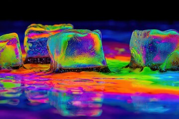 Abstract Colorful Ice Cubes Illuminated With Neon Light And Glitter Sparkles On Dark Surface