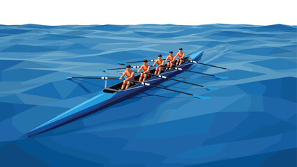 Team rowing on blue waves: five athletes in action on a racing boat