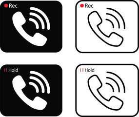 Telephone Call Recording and Hold Status Icon Set. Phone Call Status Symbols. Call Recording and On Hold Interface Button. Customer Support Dashboards, and Telecommunication, Call Center, or VoIP.