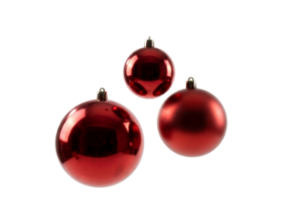 Three red Christmas ornaments floating on a white background for festive holiday décor. isolated on transparent background, png	