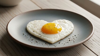 Heart shaped fried egg on plate with pepper breakfast concept for food design