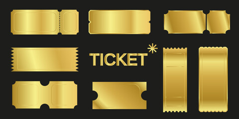 Luxury golden ticket set with realistic metallic gradient effect. Collection of blank on dark background. Perfect for event, promotions, vouchers, and VIP passes design. Vector illustration.