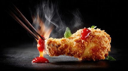 Crispy fried chicken drumstick with ketchup mint garnish dramatic lighting