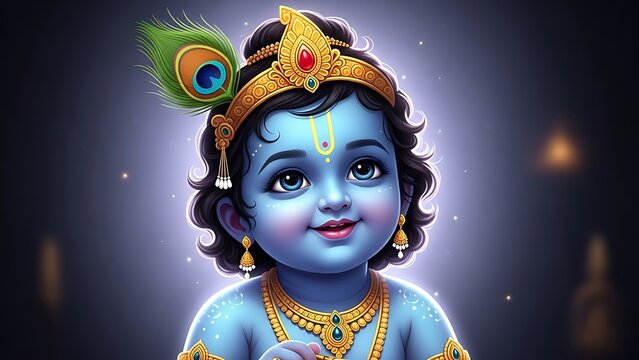 Baby Krishna Portrait &ndash; Cute Bal Gopal with Peacock Feather, Divine Hindu Art