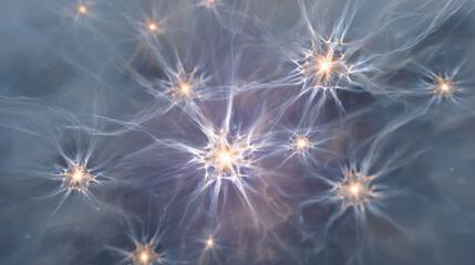 Abstract, microscopic 3D rendering of interconnected neurons firing electrical impulses, creating a bright starburst effect. Represents biological neural networks, brain activity, consciousness
