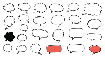 Fototapeta premium Large collection of hand-drawn doodle style speech and thought bubbles in various shapes for communication and comic design elements.