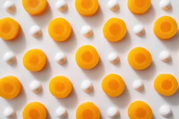 Abstract Pattern Of Round Orange Slices With White Spheres On White Background