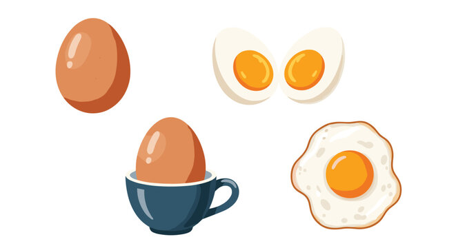 Set of cartoon illustrations showing eggs cooked in various ways including fried boiled and whole for breakfast food concepts.