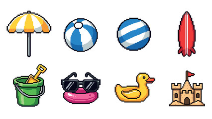 Fototapeta premium Pixel beach icons: umbrella, surfboard, sandcastle, and summer fun elements