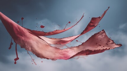 Abstract Red Liquid Splashes Flowing Against Dramatic Cloudy Sky