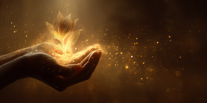 Human hand gently holding a luminous, glowing flower or seed emitting golden light and sparkles, symbolizing growth, hope, or new beginnings in an abstract, mystical style