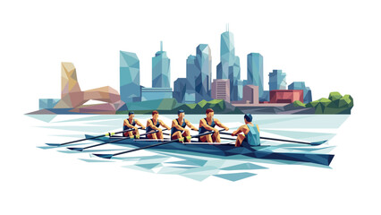 Geometric rowing team in modern urban landscape on water