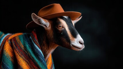Goat wearing stylish hat colorful poncho on dark background