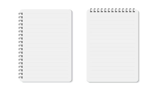 Realistic Spiral Notebook Pages Set &ndash; Blank Lined Paper Notepad with Metal Coil, Top View Stationery Template Isolated on White Background