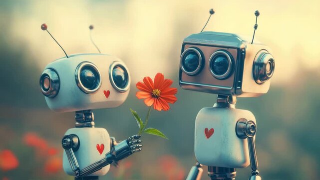 cute robot couple with red flower illustrated animation