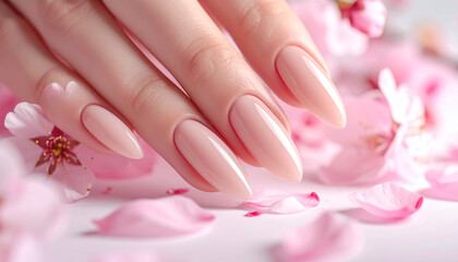 Close Up of Woman's Hand with Polished Almond Nails and Scattered Pink Cherry Blossom Petals