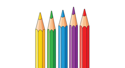 A straight row of five sharp colored pencils in yellow green blue purple and red ready for drawing and creativity.