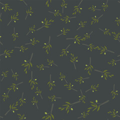 Seamless olive branches pattern in flat minimalistic style. Repeating botanical background with olive leaves and olives, designed as a clean modern vector pattern