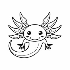 Fototapeta premium A cute cartoon axolotl is smiling happily, detailed with large stylized gills, presented as a cheerful black and white outline drawing isolated on a clean white background.