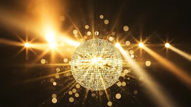 Gold disco ball sparkling reflection in nightclub stage light