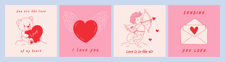 Happy valentine day love card set with cute bear, cupid, winged heart, love letter.Soft pink and red creative concept design for web vector graphic or digital illustration,romantic, sweet playful mood