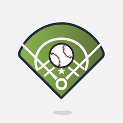 Fototapeta premium An energetic green and white graphic icon features a baseball centered over a stylized diamond, rendered in a modern flat design vector illustration style, representing the competitive sport.