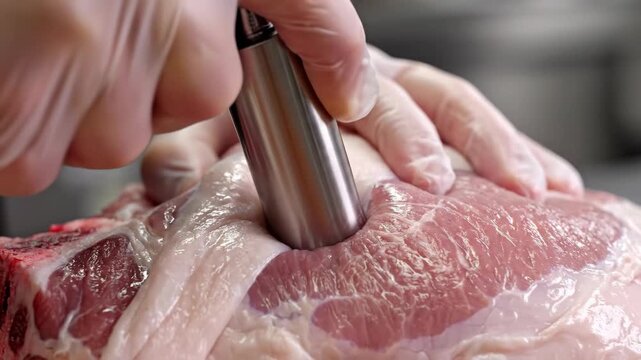 Watch as a skilled chef masterfully injects savory marinades deep into fresh cuts of meat, enhancing flavors while ensuring tenderness. Perfect techniques for home cooks!