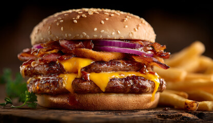 Juicy double cheeseburger with crispy bacon and melted cheese on a toasted bun