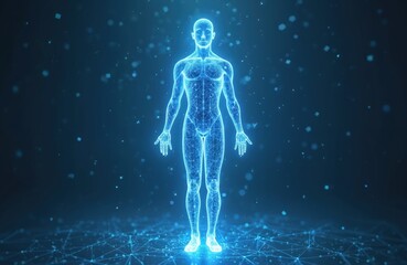 Abstract polygonal human body with wireframe. Digital illustration shows 3D human anatomy in blue color. Futuristic health concept, science and innovative medicine, fitness, body scan.