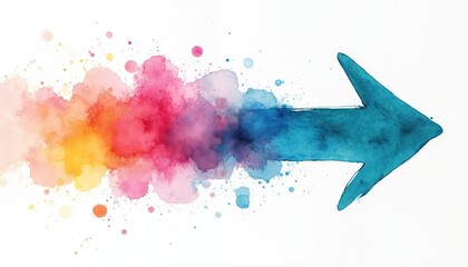 Turquoise arrow moves right with colorful watercolor splash. Bright pink orange yellow paint splatters explode, abstract background graphic design. Motion, progress, direction concept.