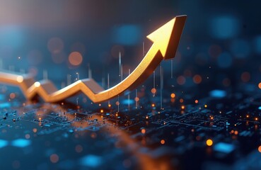 Gold arrow points upward above the digital circuit board. Tech concept of financial success stock market chart. Abstract of business growth. Concept of technology and finance.